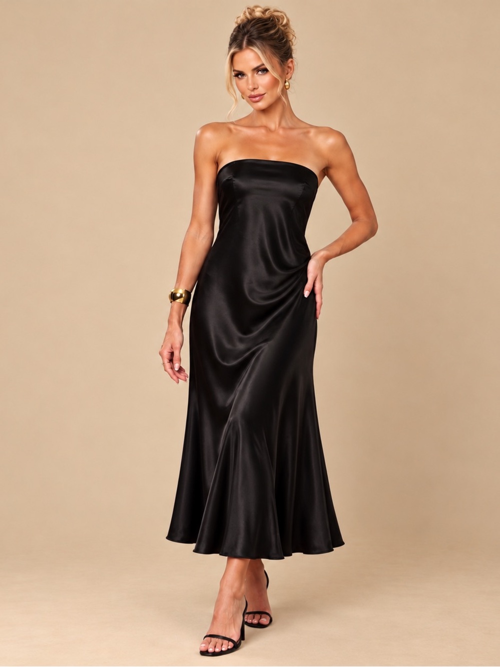 Renee C. Black Draped Satin Strapless Flowy Midi Dress Elegant Size Small Party